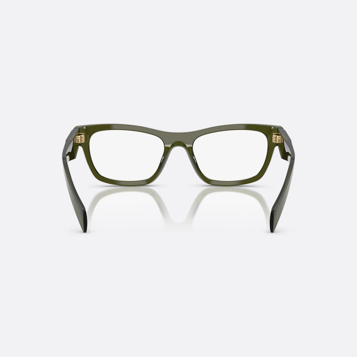 Prada MOD. B01V 19Z1O1 eyeglasses, green visor frame for women, plain bridge, integrated into front, brand logo on temple, back view