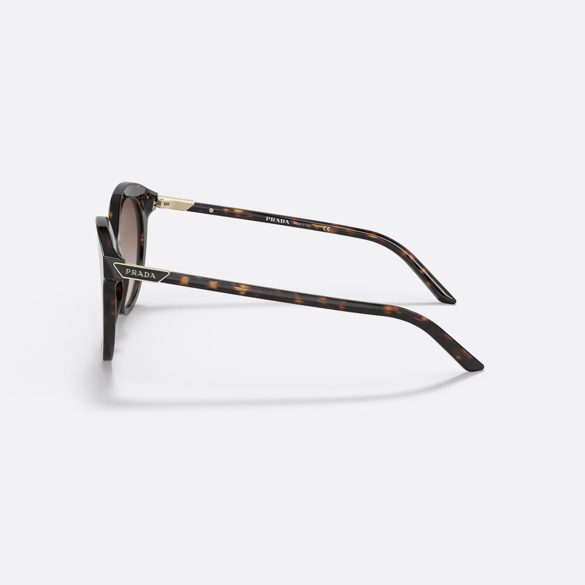 Prada PR 02YS 02YS sunglasses, havana round frame for women, plain acetate bridge, brand logo plaque on temple, side view