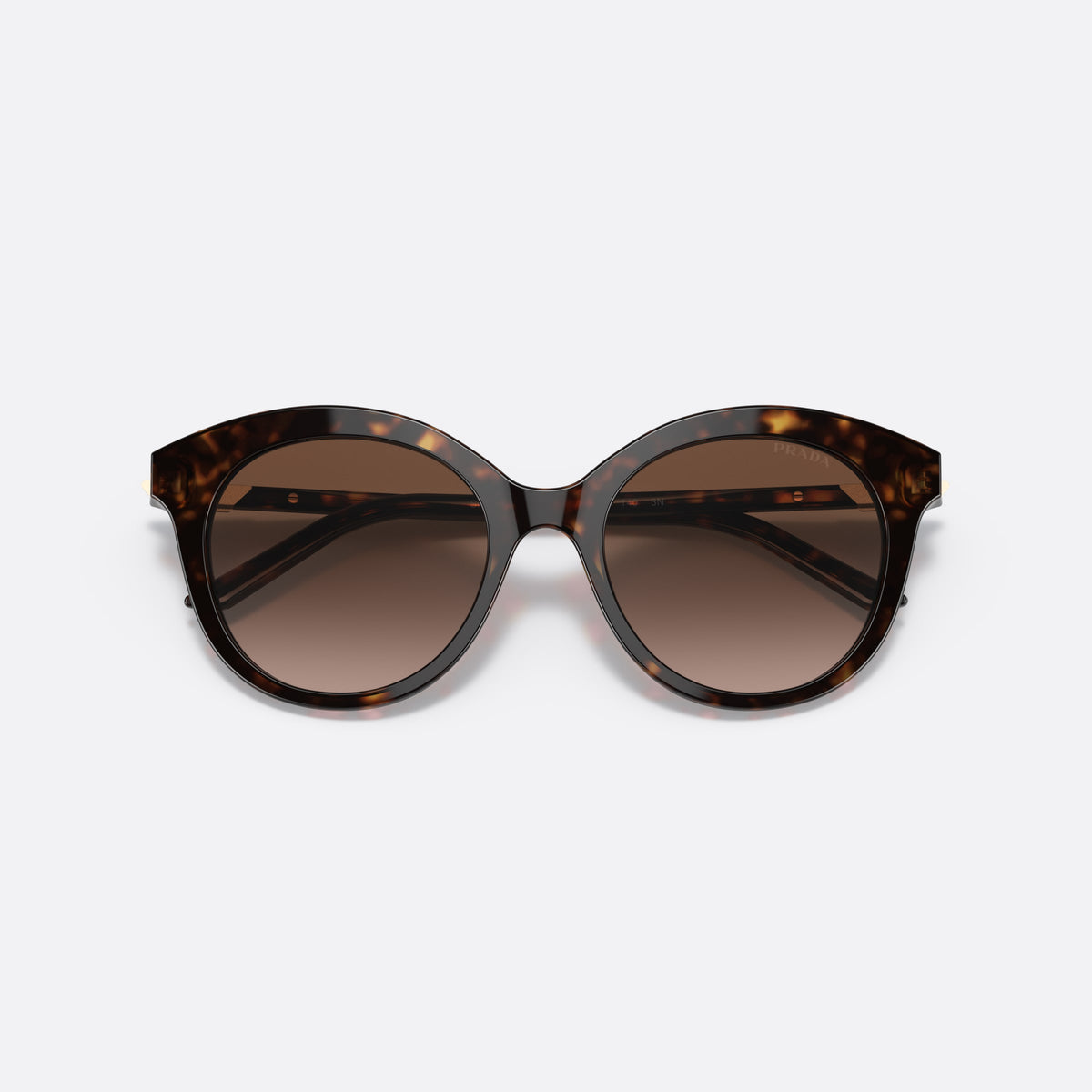 Prada PR 02YS 02YS sunglasses, havana round frame for women, plain acetate bridge, brand logo plaque on temple, folded
