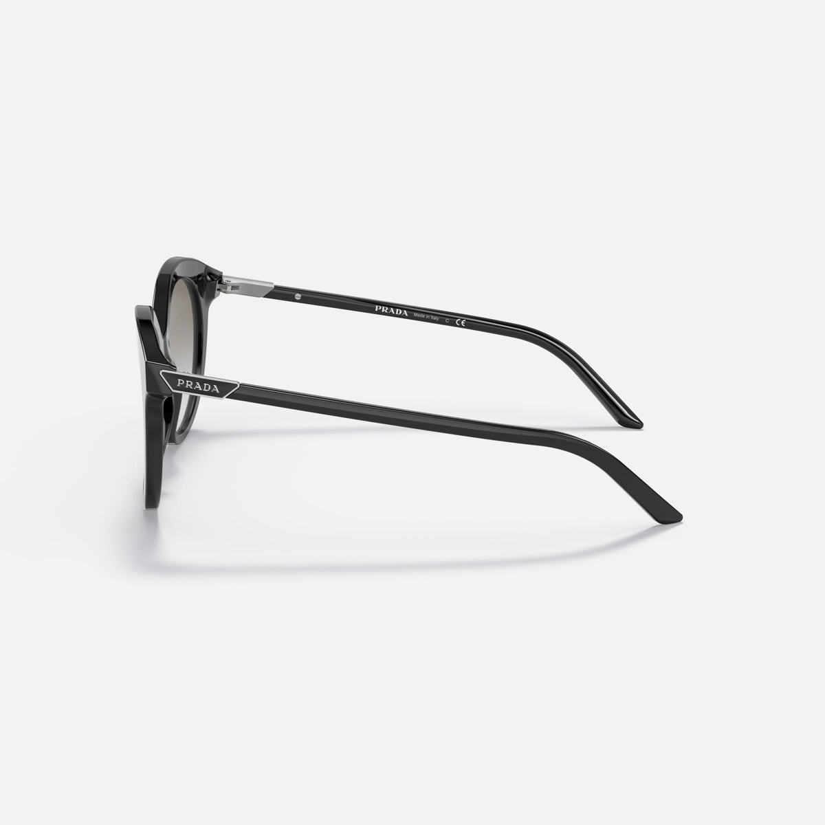 Ochelari de soare Prada PR 02YS 1AB0A7, rotunzi negru, pentru femei, punte simplă, placă cu logo pe braț, vedere laterală