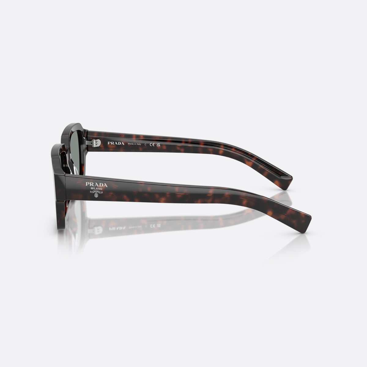 Prada PR 02ZS 17N20N TOBL sunglasses, brown geometric frame for men, double bridge with dark acetate, brand lettering on temples, side view
