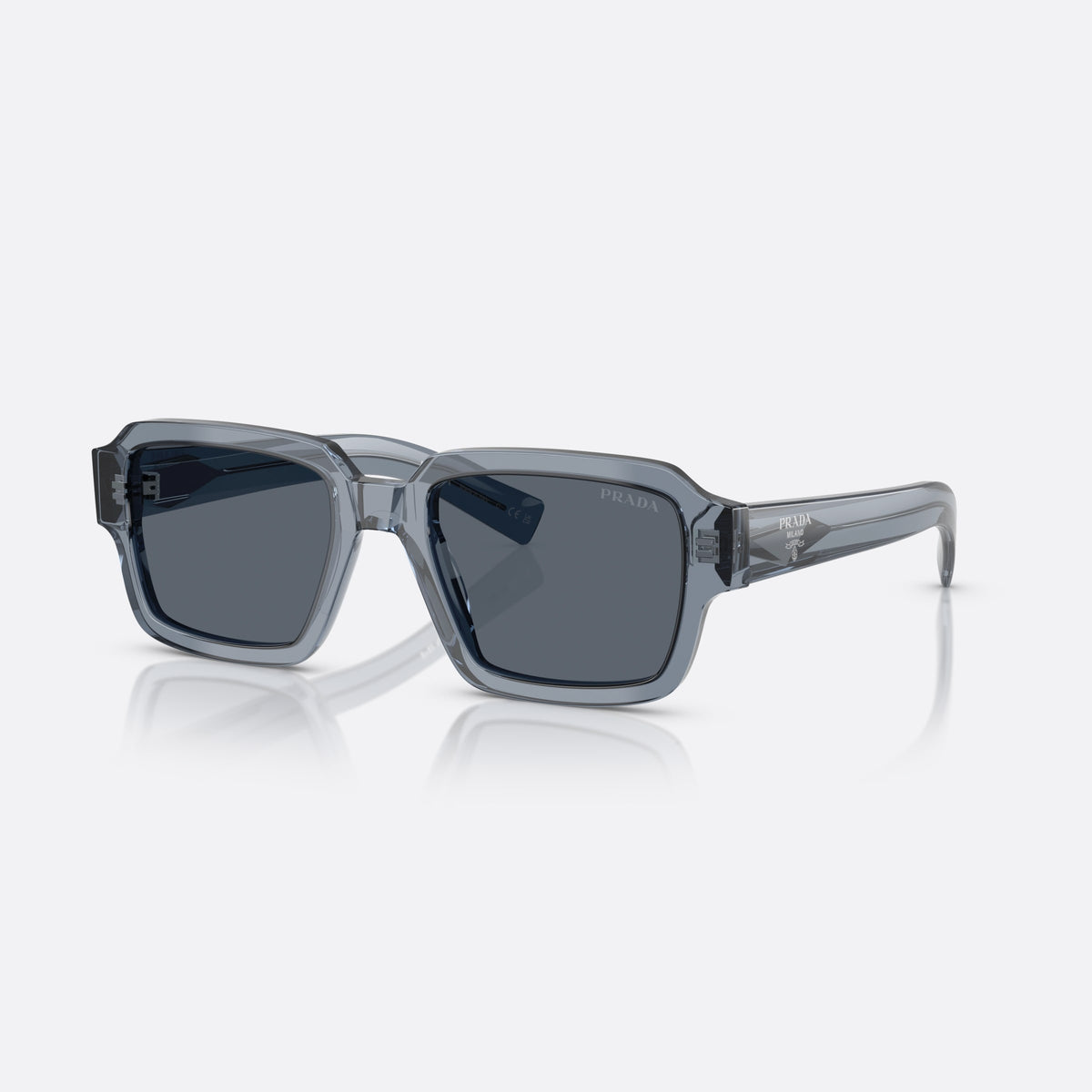 Prada PR 02ZS 17T07T sunglasses, blue square frame for men, plain bridge, brand lettering on the temples, full-rim frame