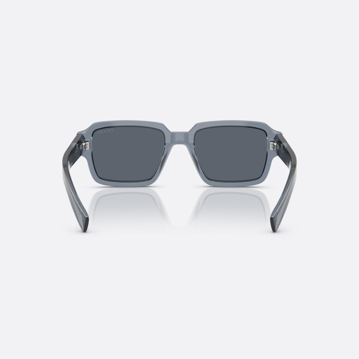 Prada PR 02ZS 17T07T sunglasses, blue square frame for men, plain bridge, brand lettering on the temples, full-rim frame, back view