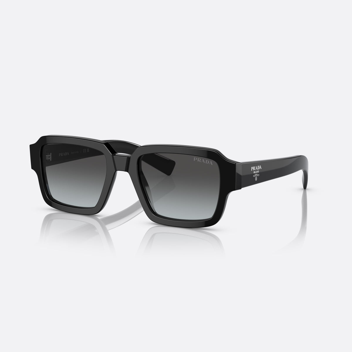 Prada PR 02ZS 1AB-06T sunglasses, black square frame for men, plain double bridge, brand logo on temple