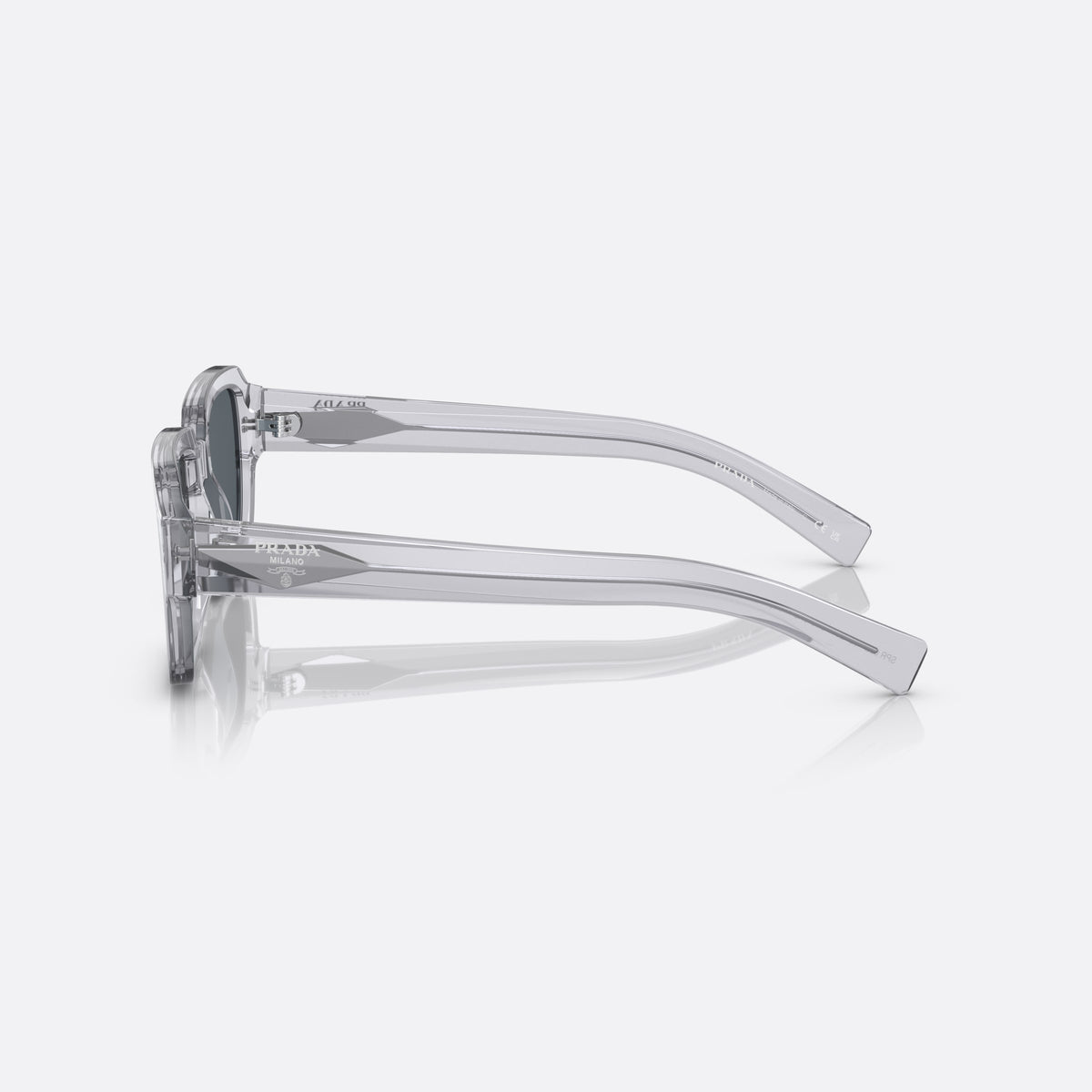 Prada PR 02ZS U43-0A9 sunglasses, grey square frame for men, plain integrated bridge, brand lettering on temples, side view
