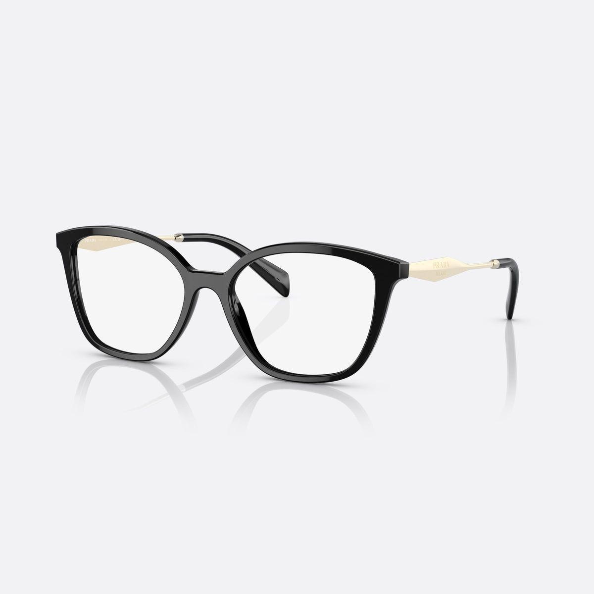 Prada PR 02ZV 1AB-1O1 eyeglasses, black butterfly frame for women, saddle-style bridge, integrated, brand logo plaque on temple