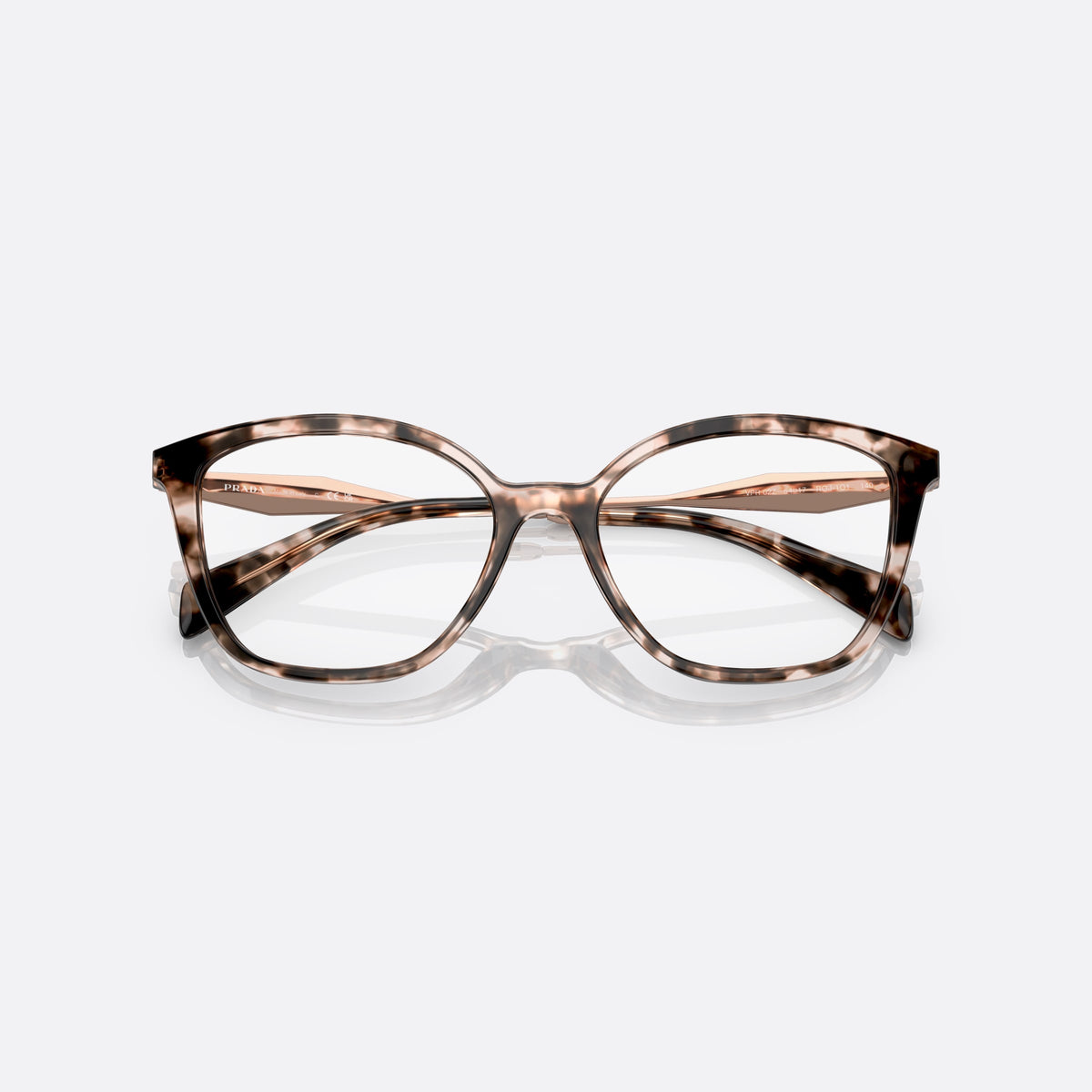 Prada PR 02ZV ROJ-1O1 eyeglasses, havana cat eye frame for women, keyhole bridge, brand lettering on temples, folded