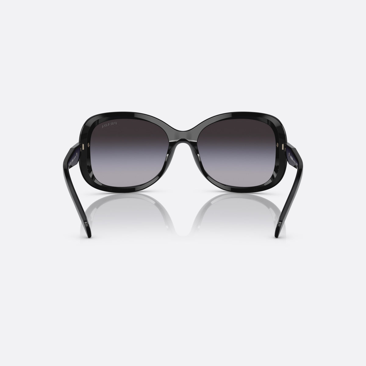 Ochelari de soare Prada PR 04ZS 1AB-09S, geometrica negru, pentru femei, punte integrată simplă, literele brandului pe brațe, vedere din spate