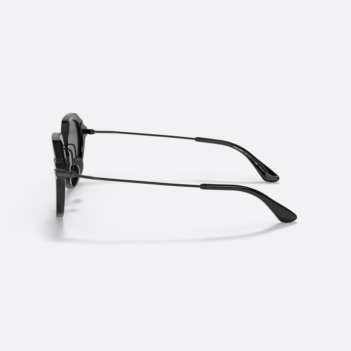 Prada PR 05YS 1AB5Z1 sunglasses, black phantos frame for men, metal saddle bridge, brand lettering on temples, side view