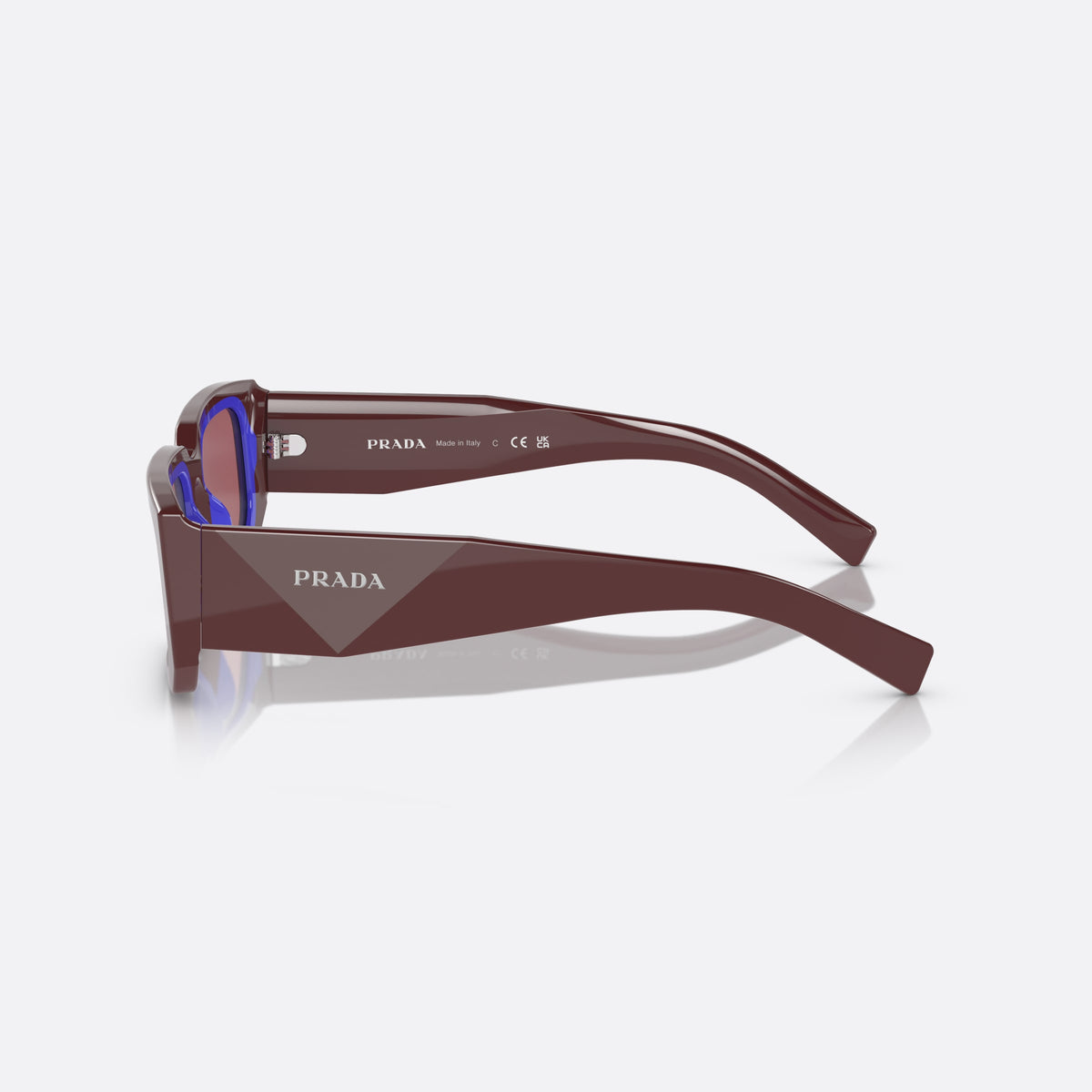Prada PR 06YS 06YS sunglasses, red rectangle frame, unisex, plain integrated bridge, brand lettering on temples, side view