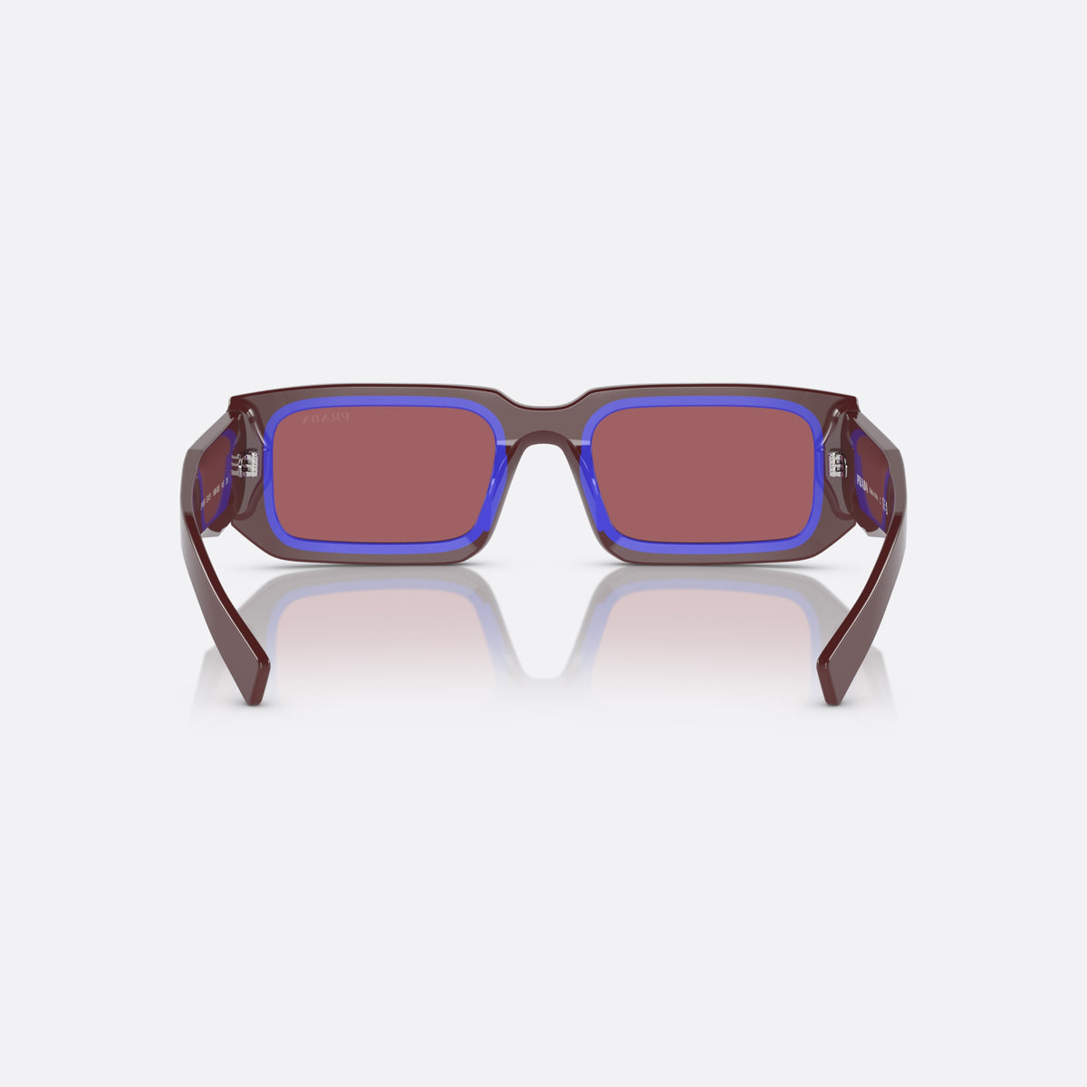 Prada PR 06YS 06YS sunglasses, red rectangle frame, unisex, plain integrated bridge, brand lettering on temples, back view