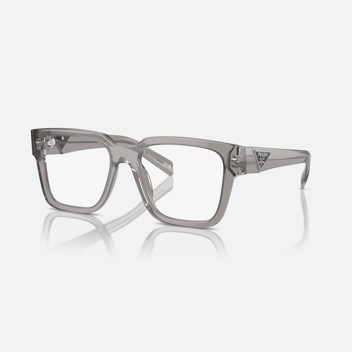Prada PR 08ZV 18S1O1 eyeglasses, clear geometric frame for men, plain bridge, brand logo plaque on temple