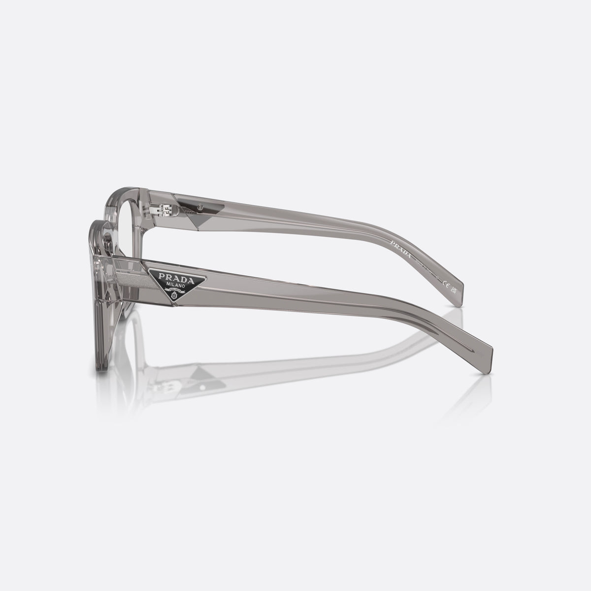 Prada PR 08ZV 18S1O1 eyeglasses, clear geometric frame for men, plain bridge, brand logo plaque on temple, side view