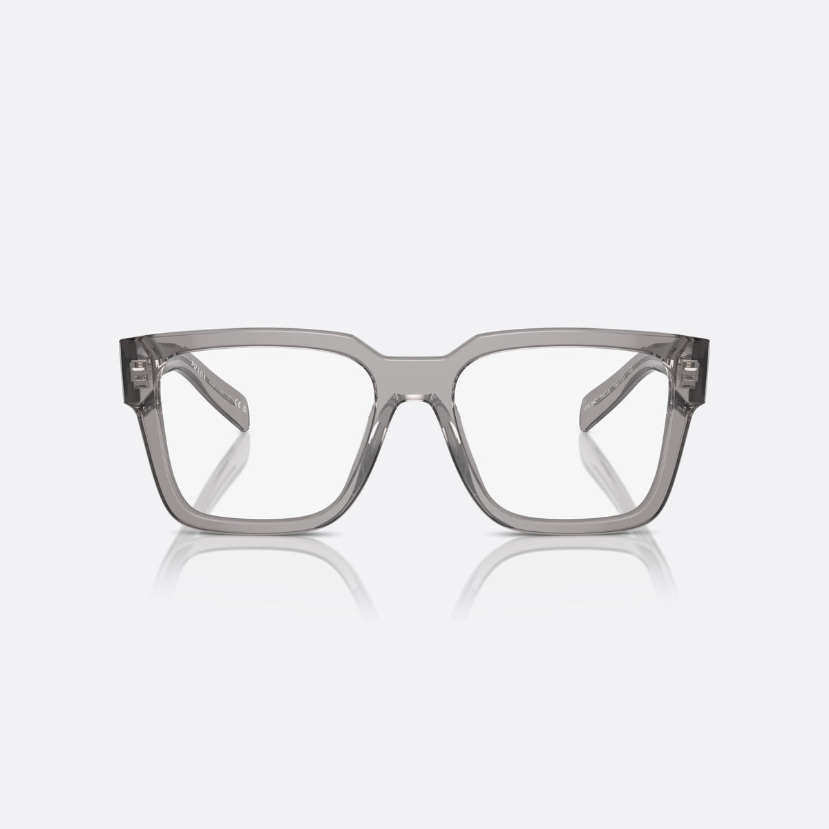 Prada PR 08ZV 52-18 18S1O1 eyeglasses, clear geometric frame for men, plain bridge, brand logo plaque on temple, front view