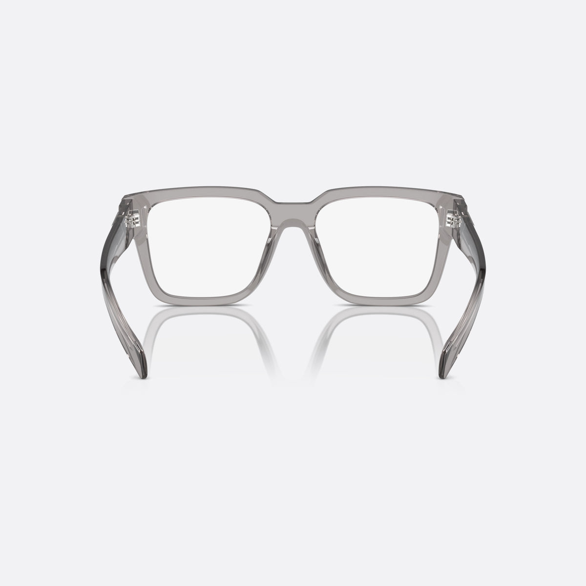Prada PR 08ZV 52-18 18S1O1 eyeglasses, clear geometric frame for men, plain bridge, brand logo plaque on temple, back view