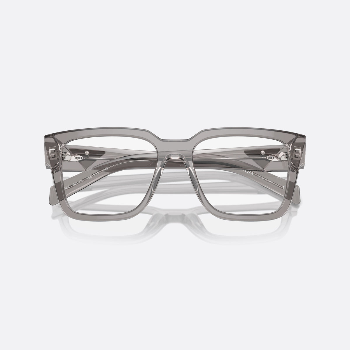 Prada PR 08ZV 52-18 18S1O1 eyeglasses, clear geometric frame for men, plain bridge, brand logo plaque on temple, folded