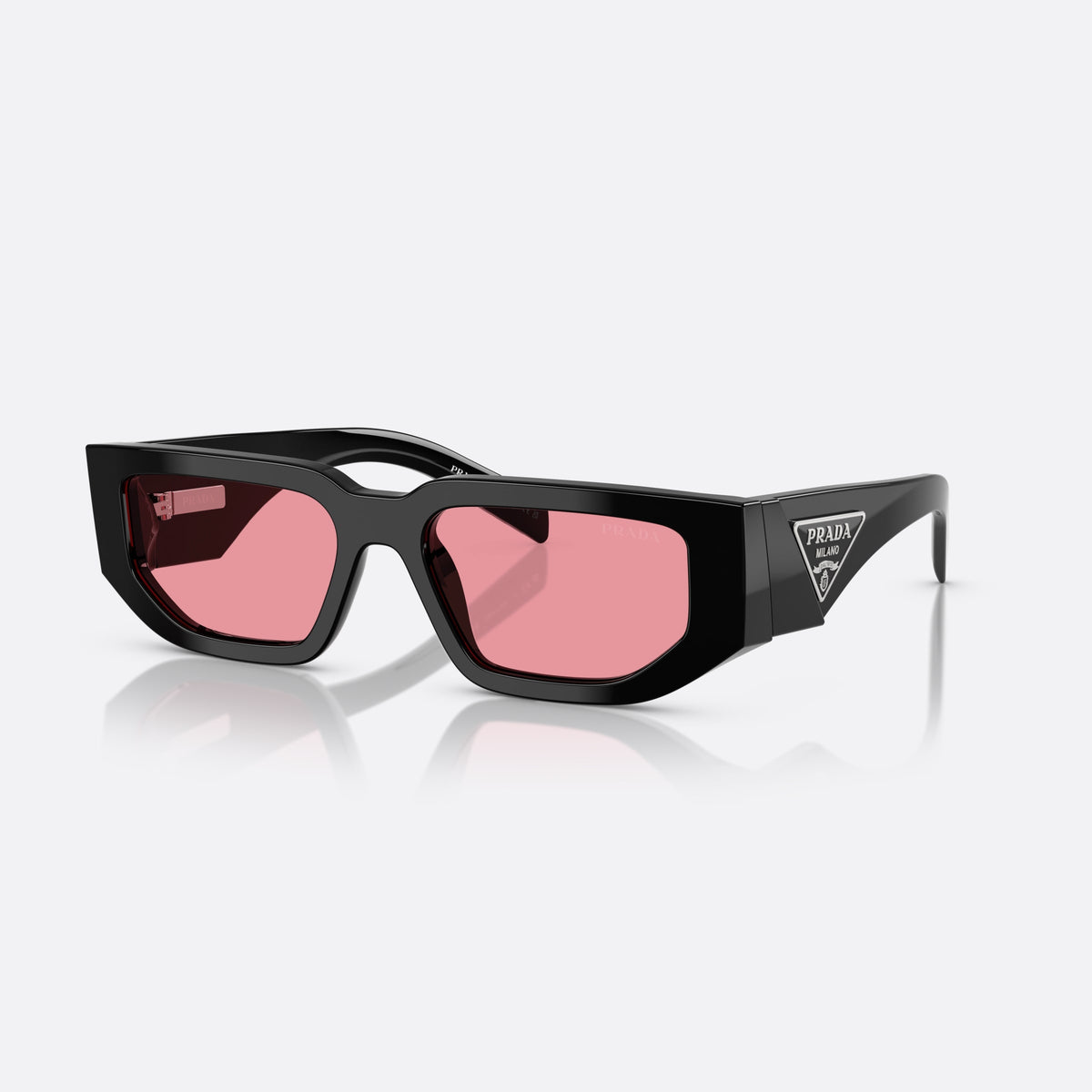 Prada PR 09ZS 16K30L BLPK sunglasses, black geometric frame for men, plain bridge, triangular brand logo plaque