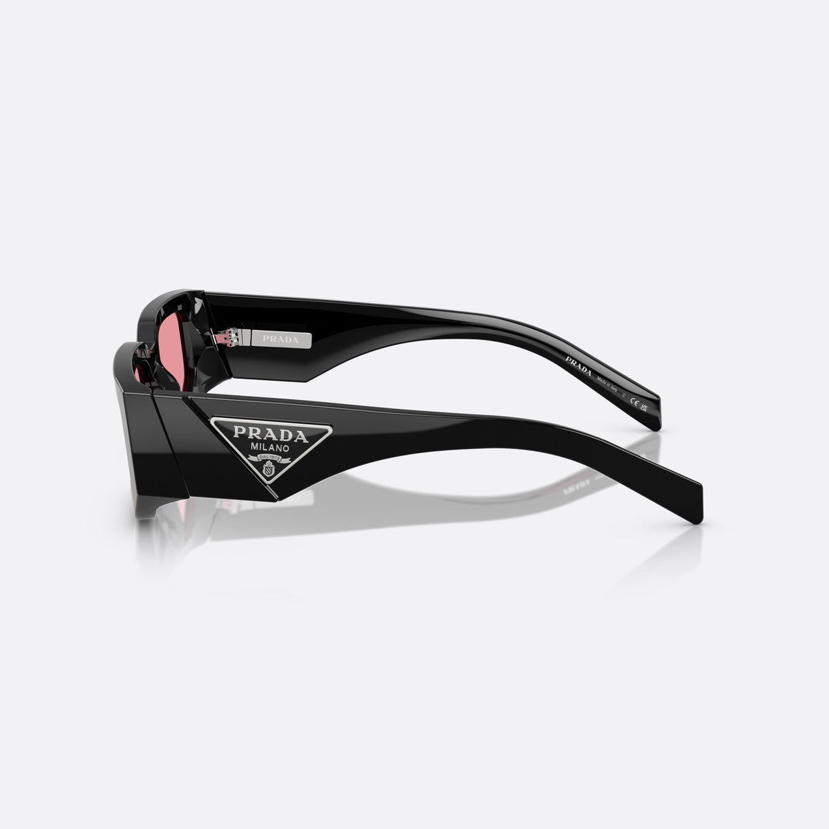 Prada PR 09ZS 16K30L BLPK sunglasses, black geometric frame for men, plain bridge, triangular brand logo plaque, side view
