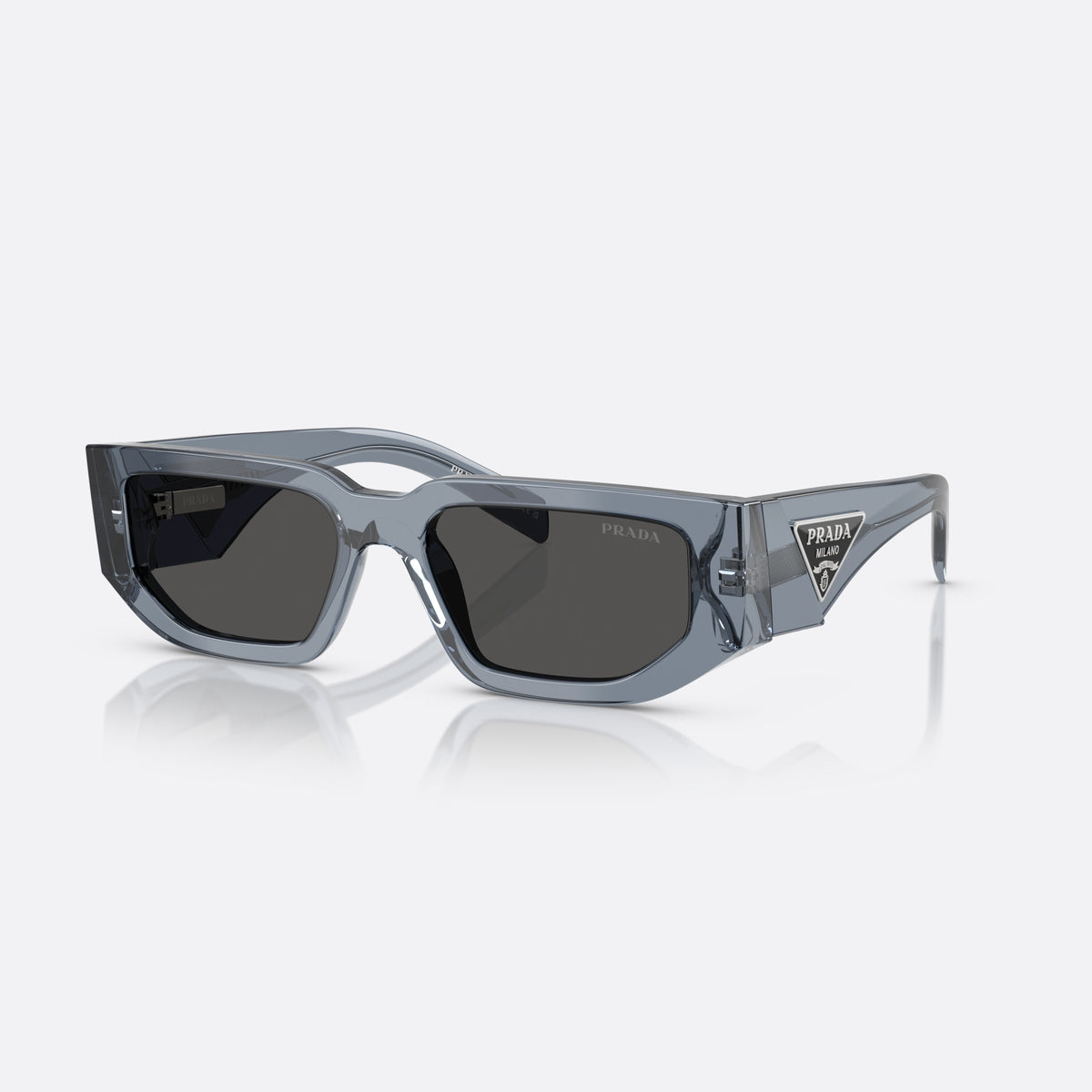 Prada PR 09ZS 17T08Z sunglasses, blue rectangle frame for men, integrated bridge, triangular plaque on temple
