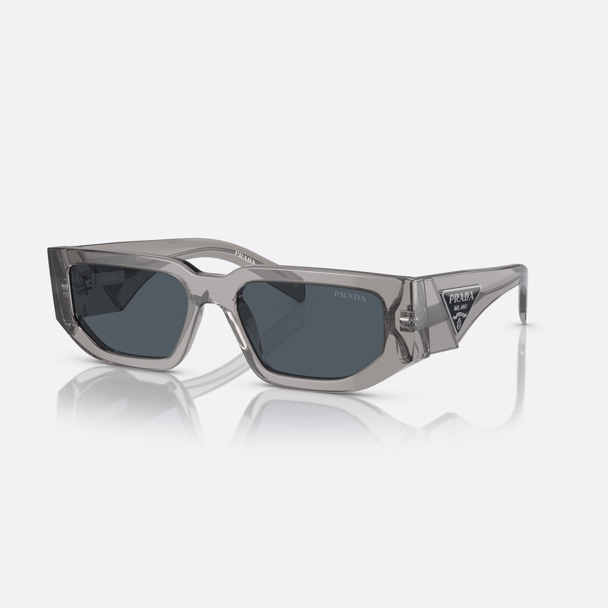 Prada PR 09ZS 18S09T TSDG sunglasses, grey rectangle frame, unisex, keyhole bridge, triangular brand logo plaque