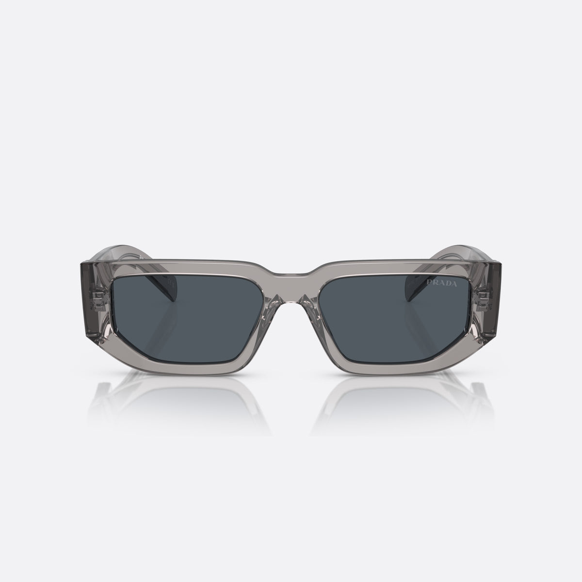 Prada PR 09ZS 18S09T TSDG sunglasses, grey rectangle frame, unisex, keyhole bridge, triangular brand logo plaque, front view