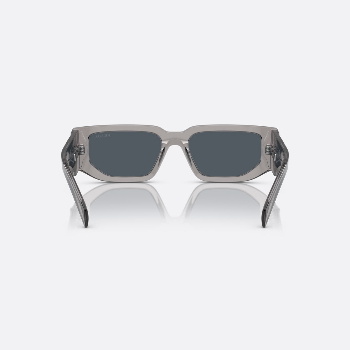 Prada PR 09ZS 18S09T TSDG sunglasses, grey rectangle frame, unisex, keyhole bridge, triangular brand logo plaque, back view