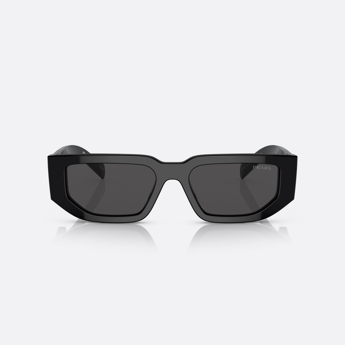 Prada PR 09ZS 1AB-5S0 sunglasses, black rectangle frame, unisex, plain bridge, brand logo on temple plaque, front view