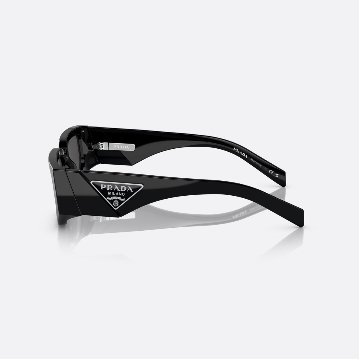 Prada PR 09ZS 1AB-5S0 sunglasses, black rectangle frame, unisex, plain bridge, brand logo on temple plaque, side view