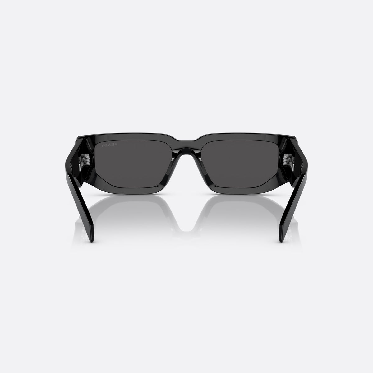 Prada PR 09ZS 1AB-5S0 sunglasses, black rectangle frame, unisex, plain bridge, brand logo on temple plaque, back view