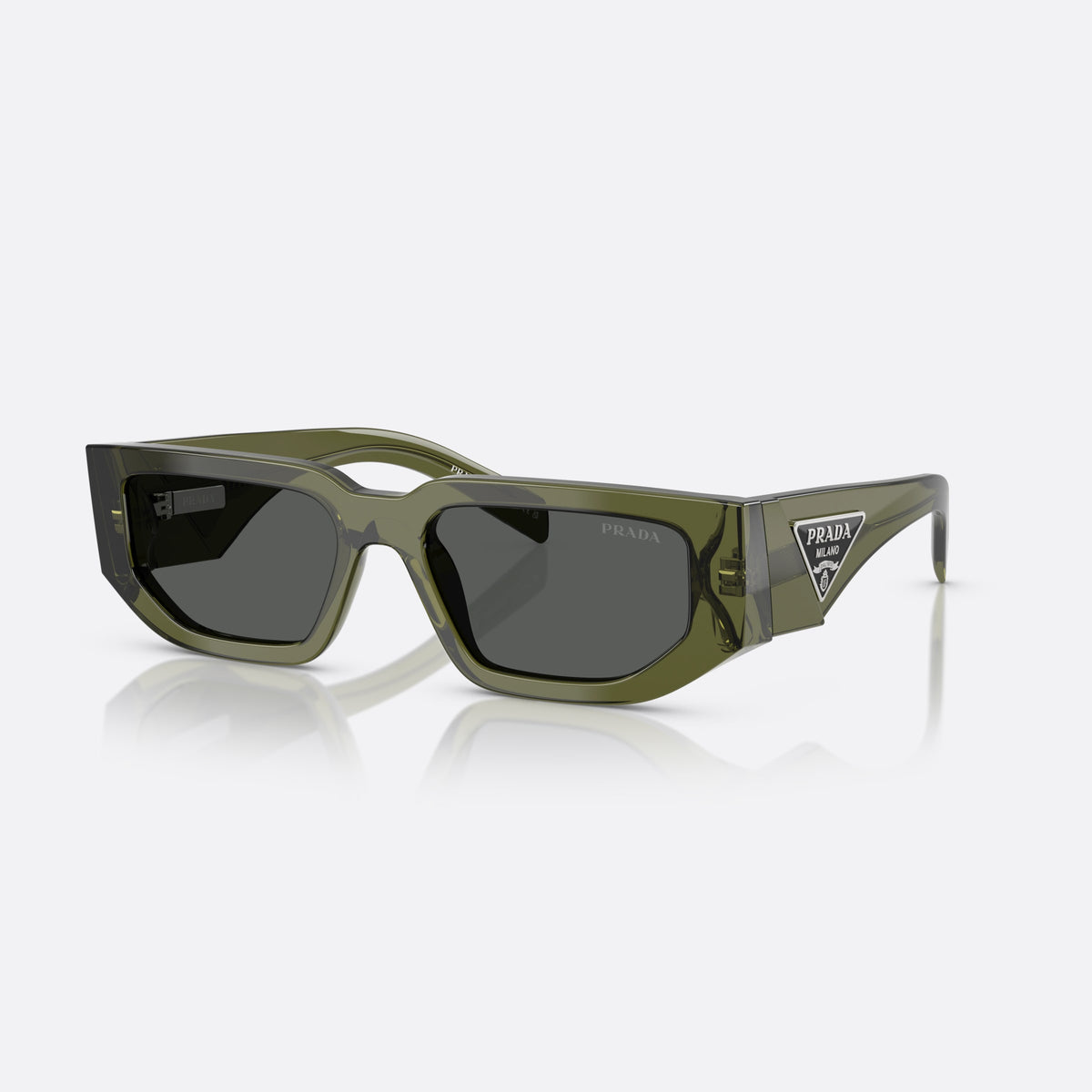 Ochelari de soare Prada PR 09ZS 25A40L GNDG, geometrica verde, pentru bărbați, punte simplă cu profil subțire, litere ale brandului pe braț