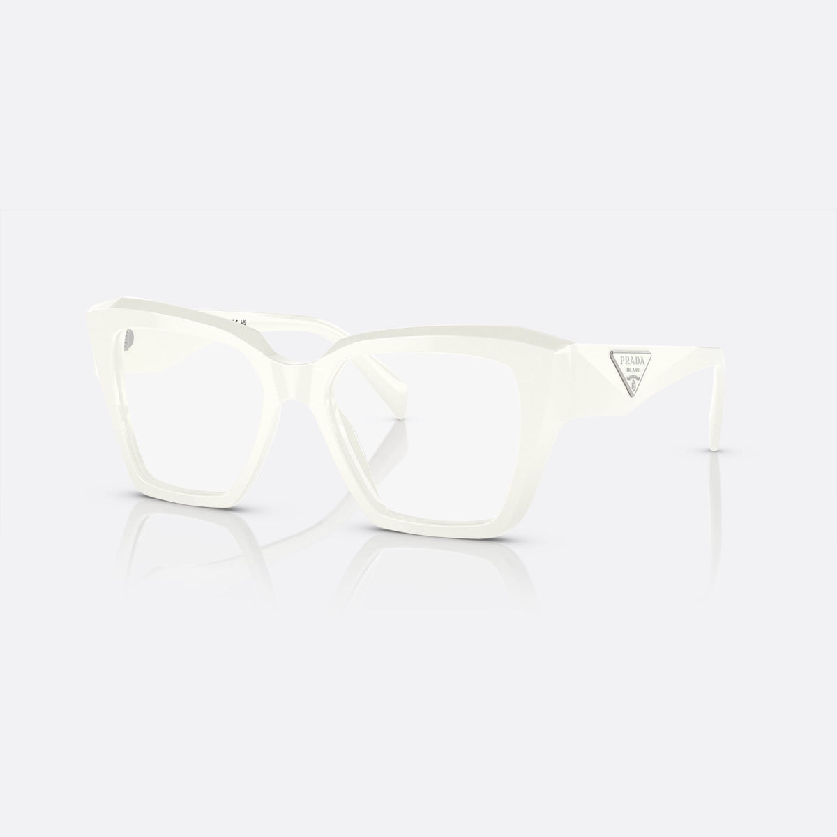 Prada PR 09ZV 142-1O1 eyeglasses, white geometric frame for women, plain low bridge, brand logo on temple