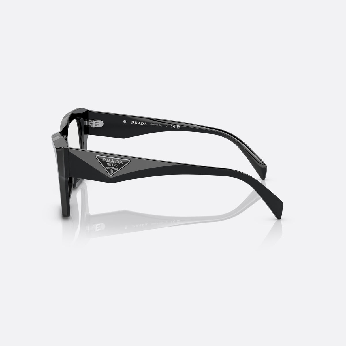 Prada PR 09ZV 1AB-1O1 eyeglasses, black square frame for women, plain bridge, brand logo on temple plaque