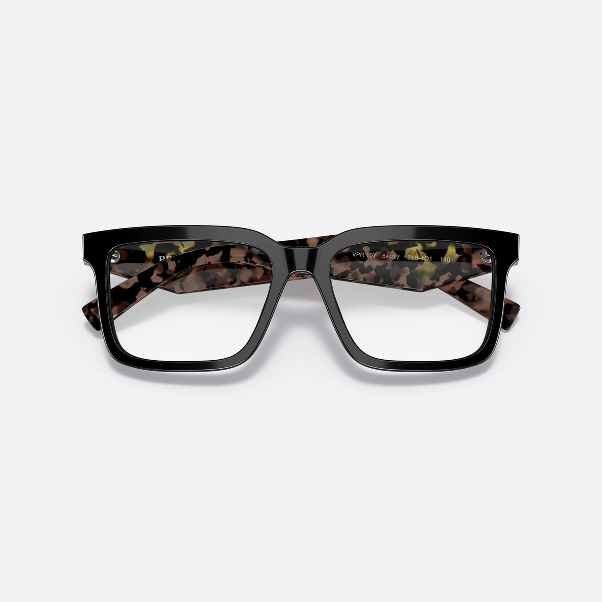 Rame ochelari de vedere Prada PR 10YV 21B1O1, pillow negru, pentru femei, punte dublă simplă, literele brandului pe brațe, cu brațele pliate