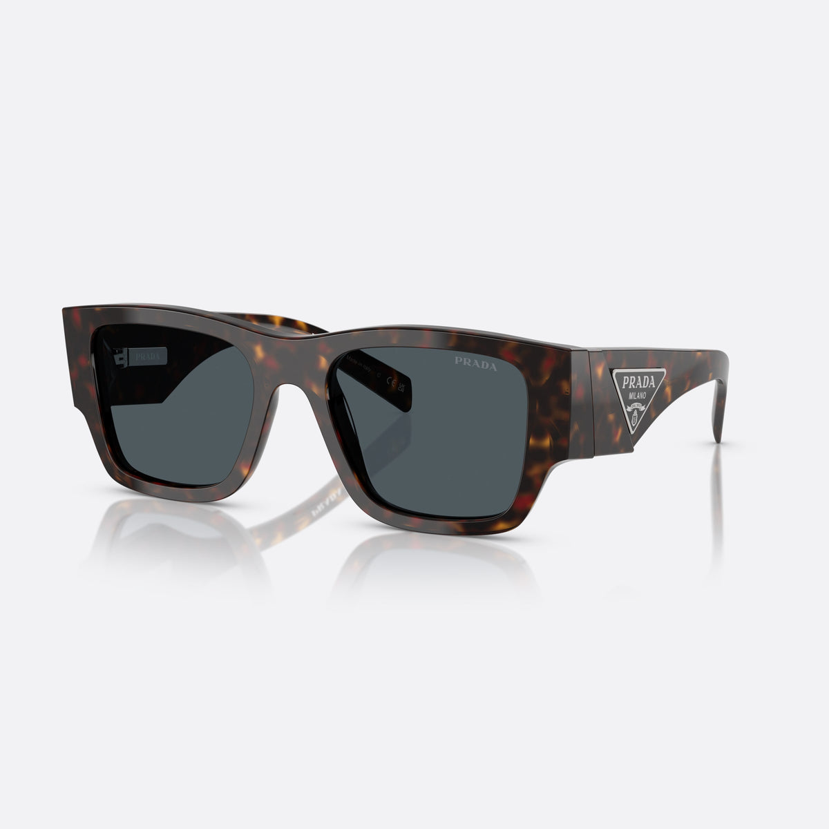 Prada PR 10ZS 17N70B sunglasses, havana pillow frame for men, plain bridge, triangular brand logo plaque