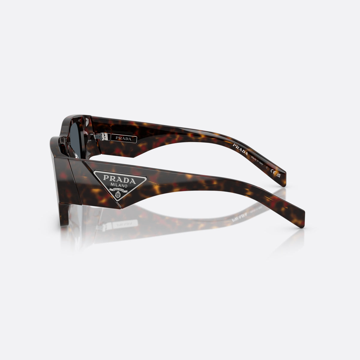 Prada PR 10ZS 17N70B sunglasses, havana pillow frame for men, plain bridge, triangular brand logo plaque, side view
