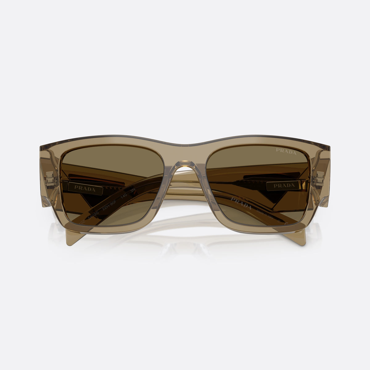 Prada PR 10ZS 22H90F sunglasses, brown pillow frame for men, plain bridge, triangular brand logo plaque, folded