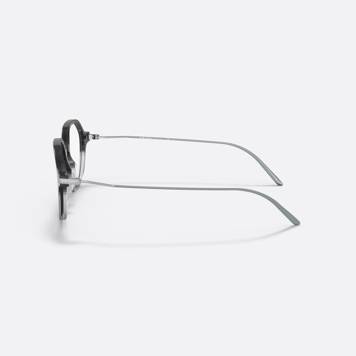 Prada PR 11YS 12B04R sunglasses, blue square frame for women, plain double-arch bridge, brand lettering on temples, side view