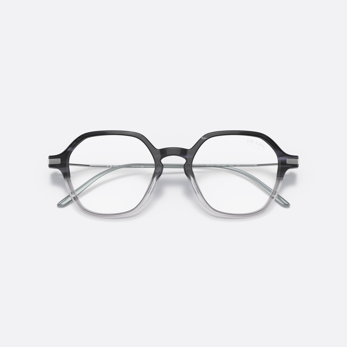 Prada PR 11YS 12B04R sunglasses, blue square frame for women, plain double-arch bridge, brand lettering on temples, folded