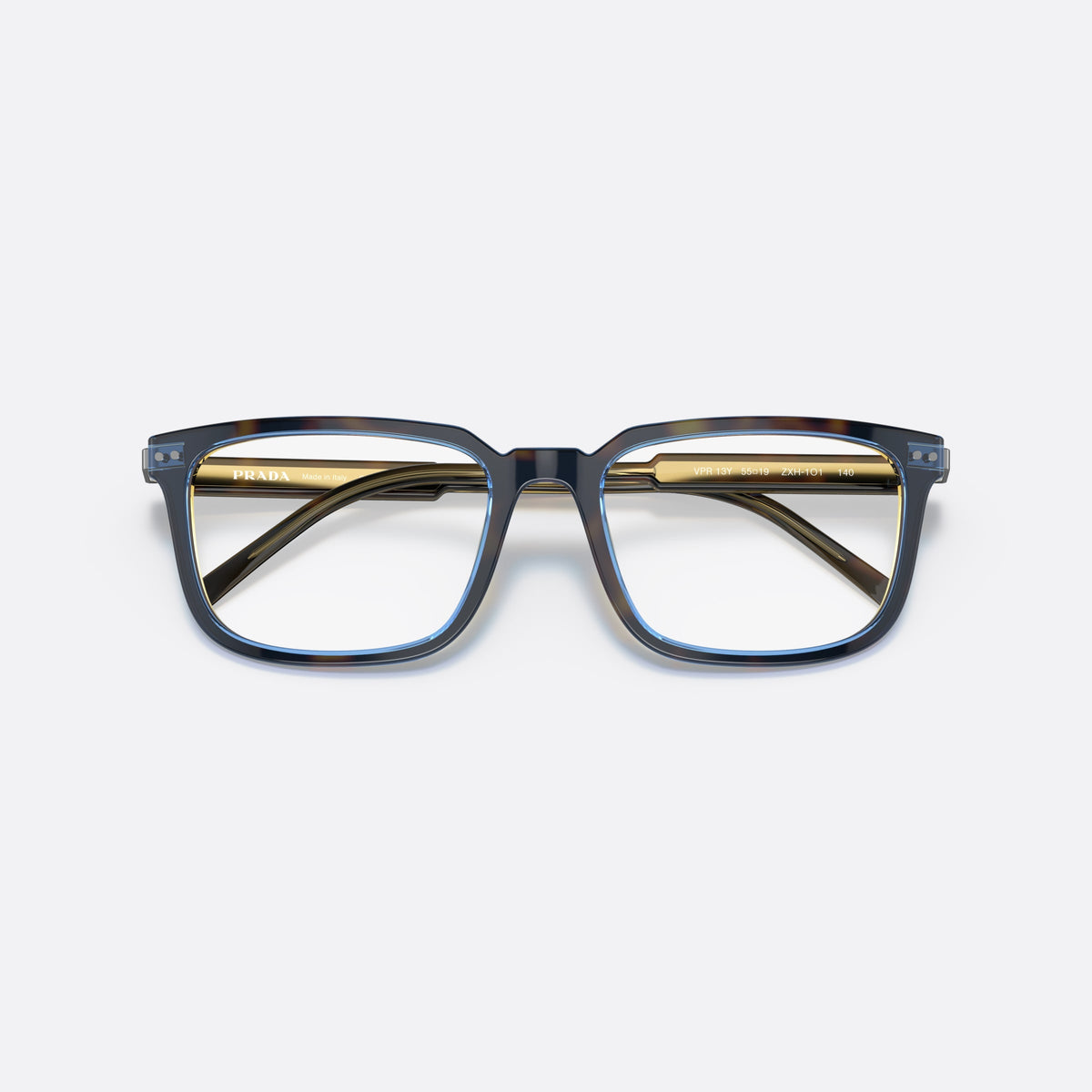 Prada PR 13YV ZXH1O1 eyeglasses, blue squared frame for men, keyhole bridge, brand lettering on temples, full-rim frame, folded