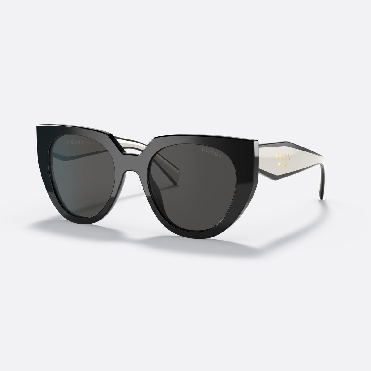 Prada PR 14WS 09Q-5S0 sunglasses, black cat eye frame for women, plain bridge, brand lettering on temples, full-rim frame