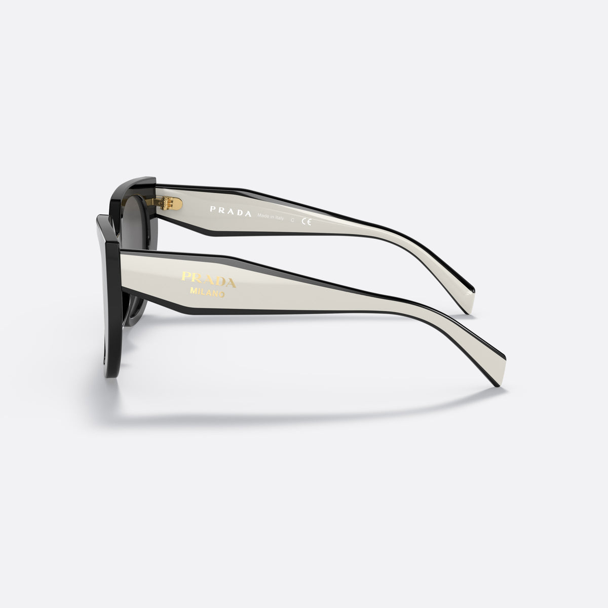 Prada PR 14WS 09Q-5S0 sunglasses, black cat eye frame for women, plain bridge, brand lettering on temples, full-rim frame, side view