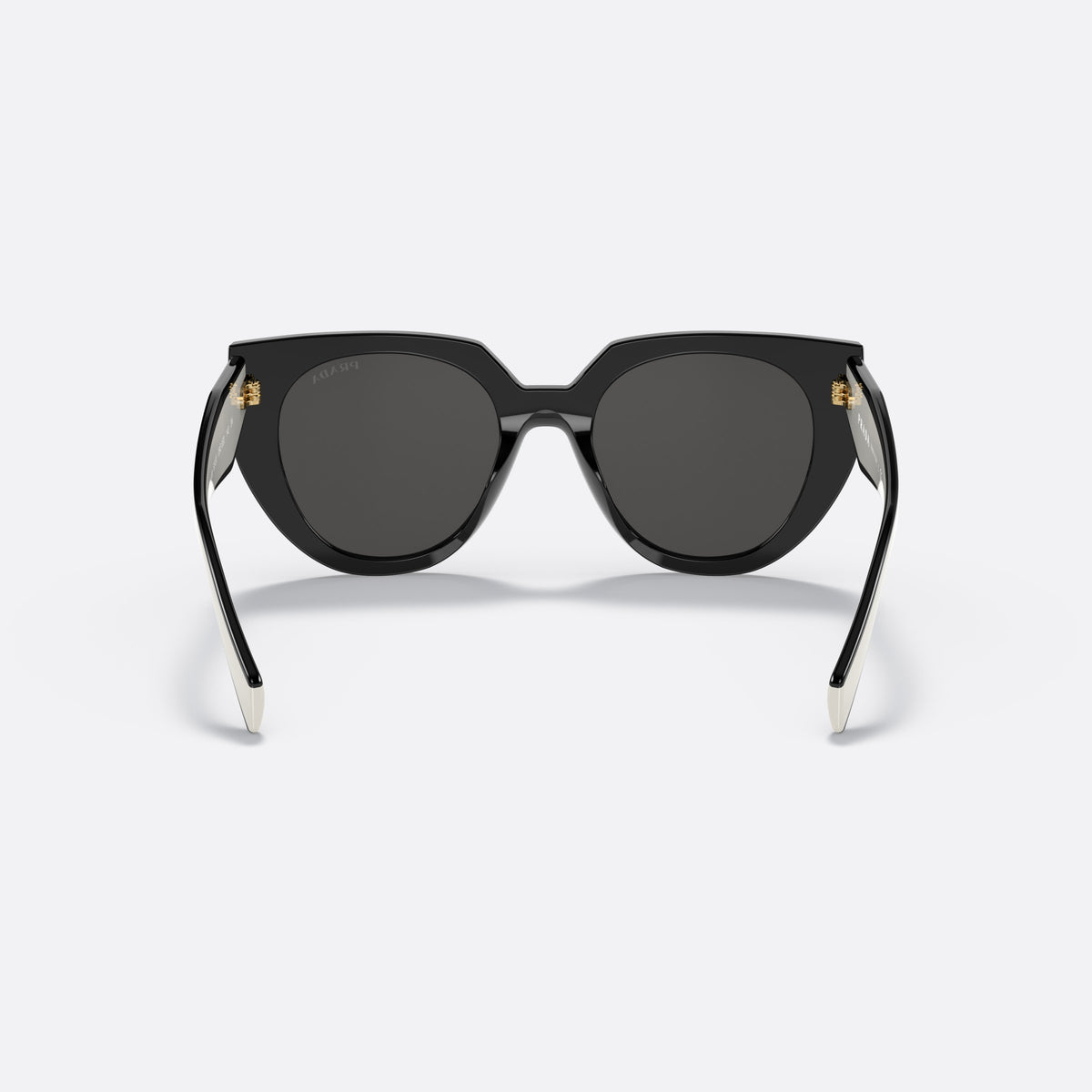 Prada PR 14WS 09Q-5S0 sunglasses, black cat eye frame for women, plain bridge, brand lettering on temples, full-rim frame, back view