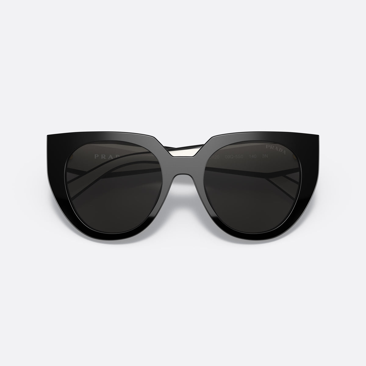 Prada PR 14WS 09Q-5S0 sunglasses, black cat eye frame for women, plain bridge, brand lettering on temples, full-rim frame, folded