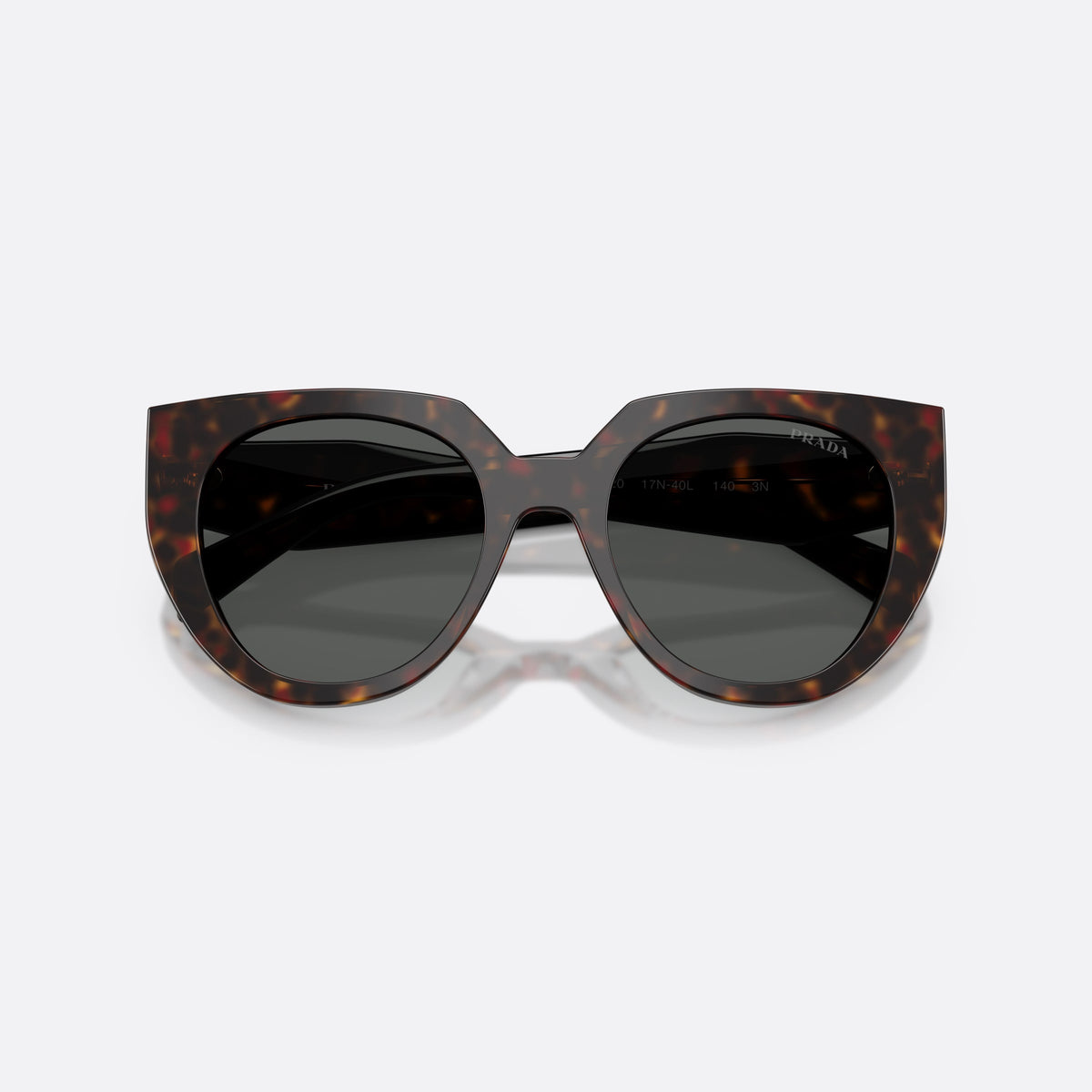 Ochelari de soare Prada PR 14WS 17N40L, cat eye havana, pentru femei, punte simplă care unește rama, brațe late înguste spre capăt, cu brațele pliate