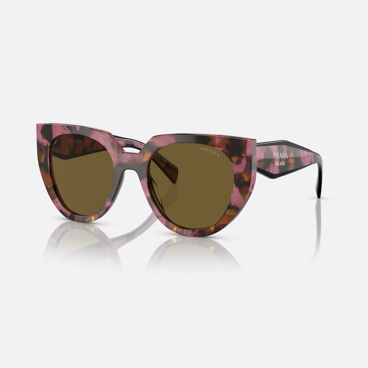 Prada PR 14WS 18N01T sunglasses, brown cat eye frame for women, plain bridge, brand lettering on temples, full-rim frame