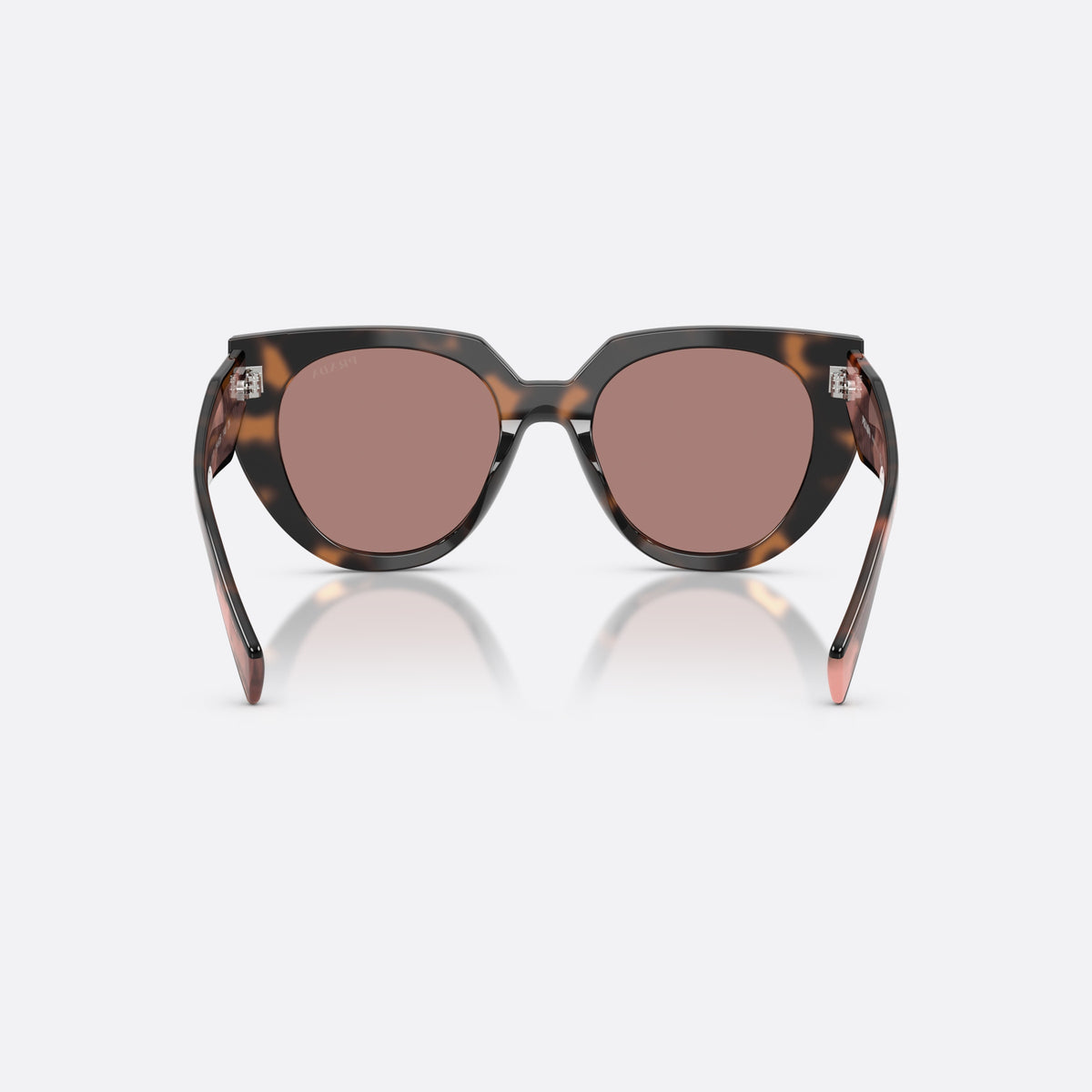 Prada PR 14WS 23A60B sunglasses, havana cat eye frame for women, plain bridge joining lenses, brand lettering on temples, back view