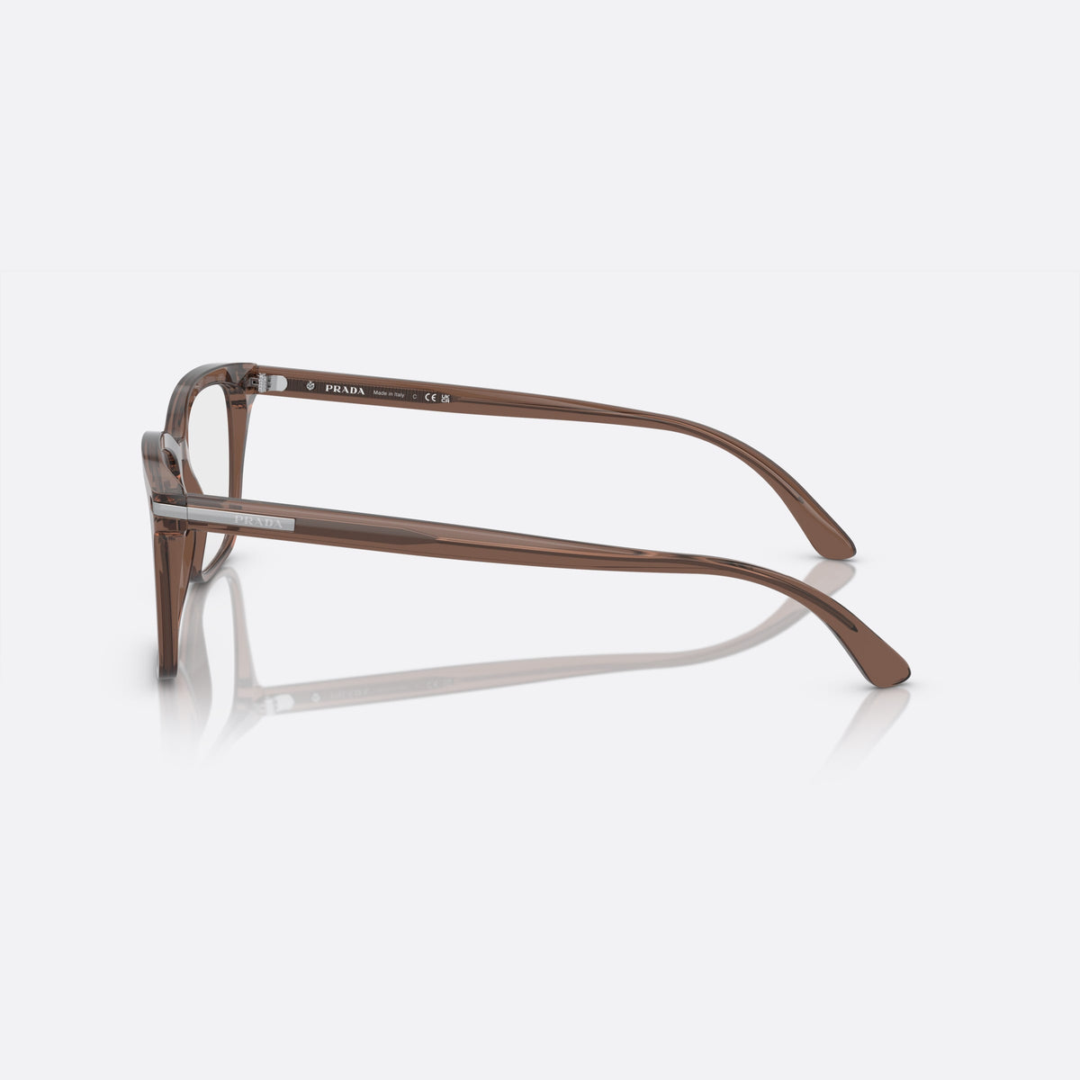 Prada PR 14WV 17O1O1 eyeglasses, brown rectangle frame for men, plain bridge, brand lettering on temples, full-rim frame, side view