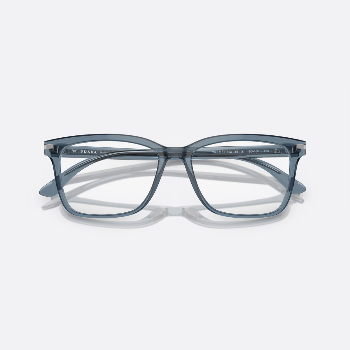 Prada PR 14WV 19O1O1 eyeglasses, grey rectangle frame for men, plain bridge, brand lettering on temples, folded