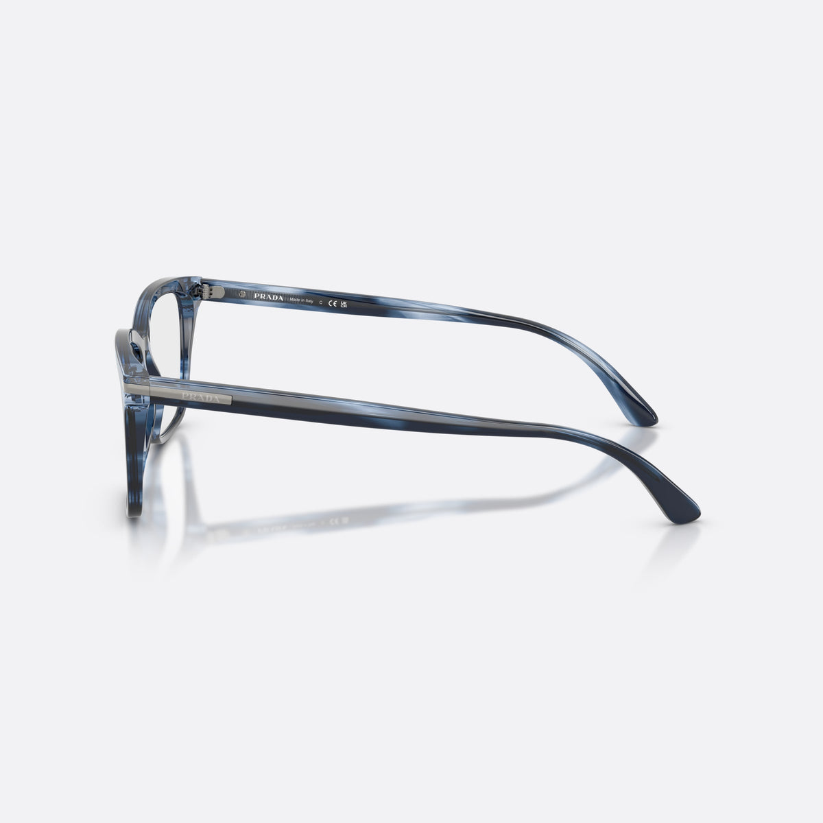 Prada PR 14WV 26F1O1 eyeglasses, blue rectangle frame for men, plain bridge, brand lettering on temples, side view