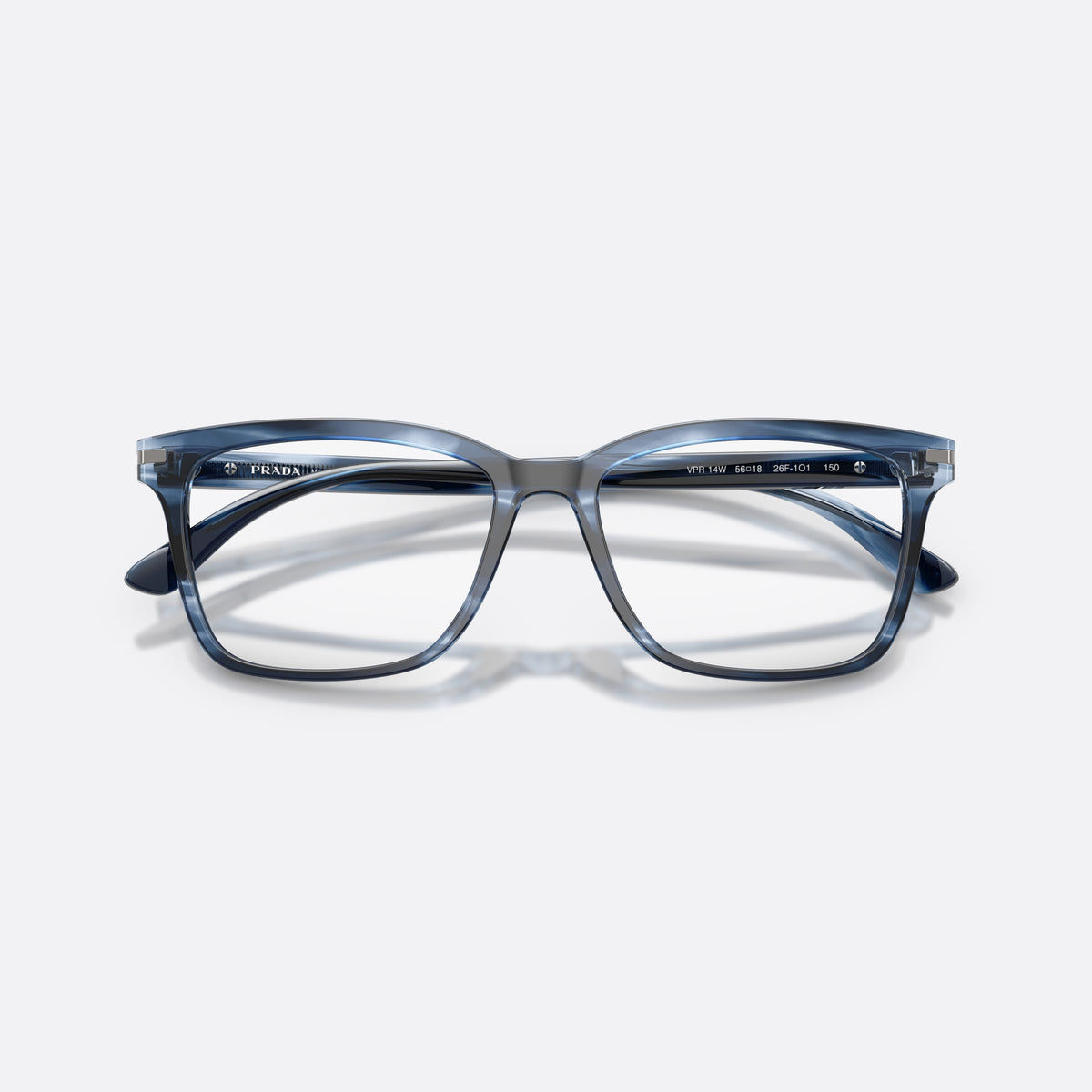 Prada PR 14WV 26F1O1 eyeglasses, blue rectangle frame for men, plain bridge, brand lettering on temples, folded
